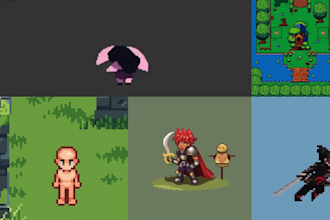 create 2d pixel art character design and animations, intro for video game assets
