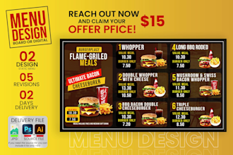 do eye catching digital menu board  static or animated TV menu design