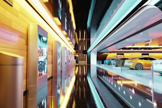 do 3d car dealership showroom, car exhibition stand with stunning visualization