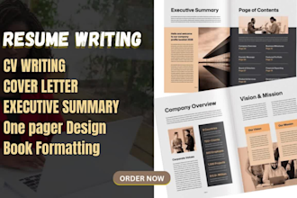 resume writing, executive summary, one pager design, investment teaser, flyer