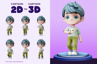 transform 2d design to 3d model for children illustration, youtube, video game