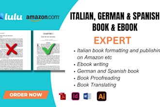 format, proofread italian book, german book spanish book for amazon KDP etc