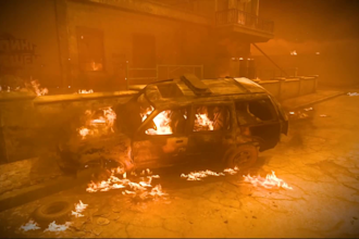 do a realistic 3d vfx fire explosion, cgi animation, smoke effect, blood