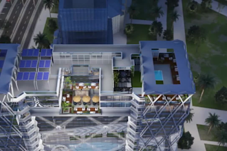 build realistic 3d commercial tower,highrise exterior,rooftop,walkthrough render