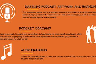 handle your podcast, editing, branding, coaching, artwork, ads and voiceover