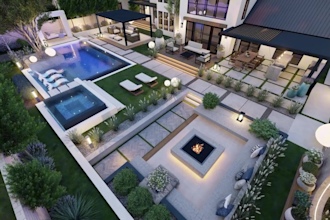 design front garden, backyard, swimming pool, villa landscape