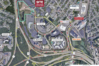 create a clean retail trade aerial map with site arrow, logo labels and graphics