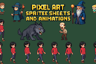 do pixel art sprite sheet and animations, pixel art tiles