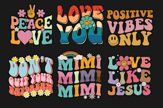create retro wavy 70s groovy hippie typography striped t shirt design