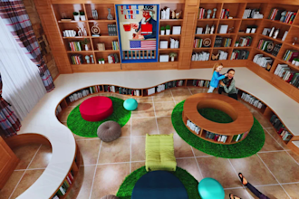 do 3d library design, archives, classroom, study room, book store design