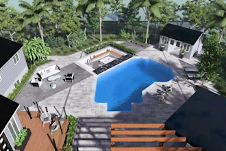 do cozy backyard design, pool, garden in 3d render