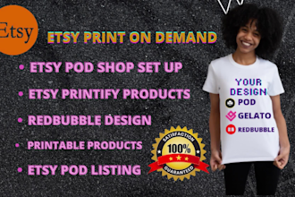 set up etsy print on demand store, do redbubble, bulk tshirt design, printify