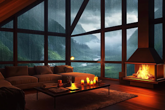 create a relaxing rain sound video in a cozy room