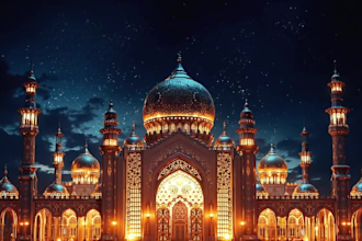 realistic ramadan 3d animated greetings video, text overlays ,islamic logo intro