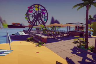 do 3d beach house, camp house, beach lounge, and floating house design