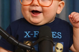 create viral ai baby podcast, ai baby talking podcast, ai baby commercial video