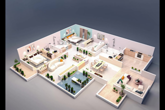 do realistic render of 2d and 3d floor plan with visualization