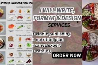 write, format, design kindle publishing, nutrition plan, canva expert, catalog