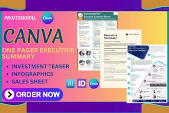 design canva one pager executive summary investment teaser,infographics,saleshee