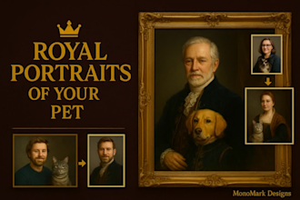 create royal style portraits of pet owners and their pets