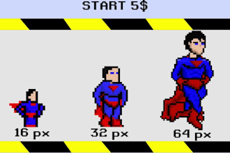 do pixel art animation character 16px, 32px, 64px