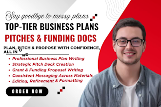 prepare, edit an investor ready business plan, pitch deck grant proposal