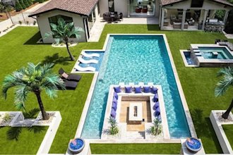 design modern 3d swimming pool and backyard landscape with realistic rendering