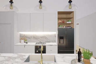do kitchen interior design and modern bathroom in 3d realistic model