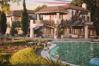 design 3d mediterranean villa, exterior, landscape, garden, facade,swimming pool