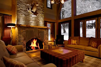 make a video of rain,fire with natural sound in a cozy house