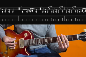 record a video playing a song on guitar with tabs on screen