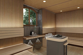 cgi  sauna design, outdoor kitchen, steam room, jucuzzi, pool with 3d render