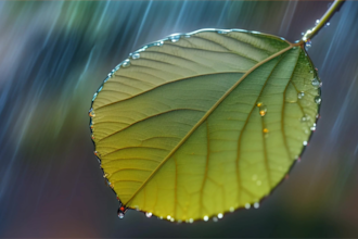video animation green leaf, rain in the forest, nature, rain, dew