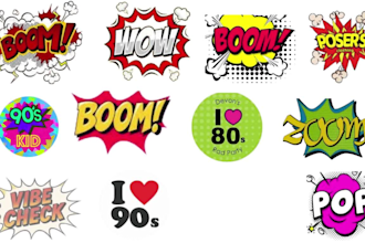 custom pop art, vintage, retro, 80s, 90s, and comic text