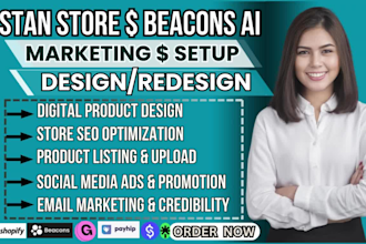 stan store set up, beacons ai, payhip, shopify, gumroad, stan store design