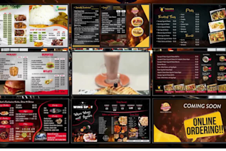 design animated or static digital menu, TV screen or menu board for restaurant