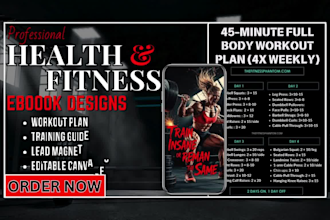 design health fitness ebook canva pdf lead magnet, workout plan trainer guide