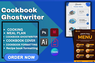 write, format, design cookbook ghostwriter, meal plan, cooking, cookbook cover