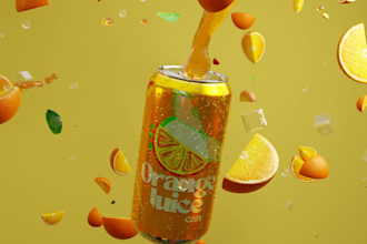 3d beverage design, orange juice can,flavor drink branding,3d lighting,animation
