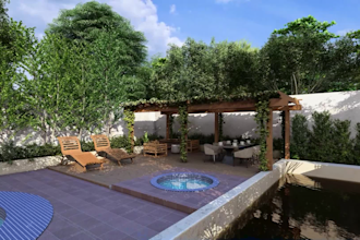 do frontyard landscape design, back yard, swimming pool, outdoor 3d render