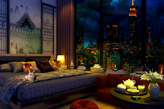 create bedroom luxury apartment rain video for your channel, cozy rain