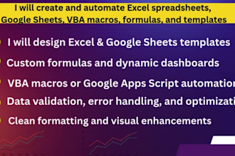 create excel spreadsheets, google sheets, vba macros, formulas and templates