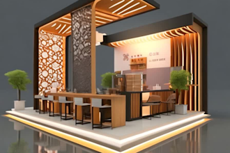 do 3d rendering of exhibition stand, stall or trade show booth design