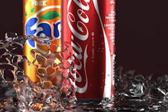 do 3d commercial animation for drinks, soda can, beverages with water simulation
