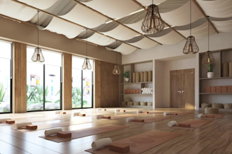 design a high quality 3d yoga studio for wellness and fitness spaces