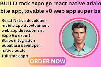 create rock expo go react native adalo mobile app, lovable v0 web app super base