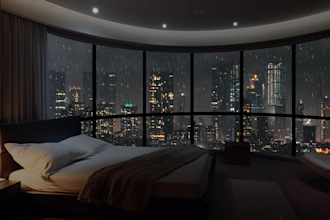 create luxury apartment in a rainy night city with rain sound