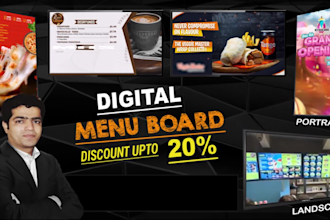 design a digital menu board, static design, or animated flyer for TV screens