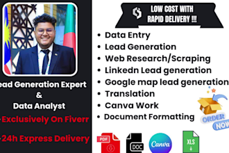 do lead generation, website scraping, data entry, translation, canva design