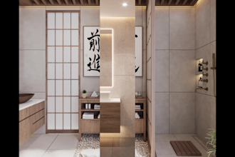 design and render stylish 3d bathrooms in modern, luxury, and japandi styles
